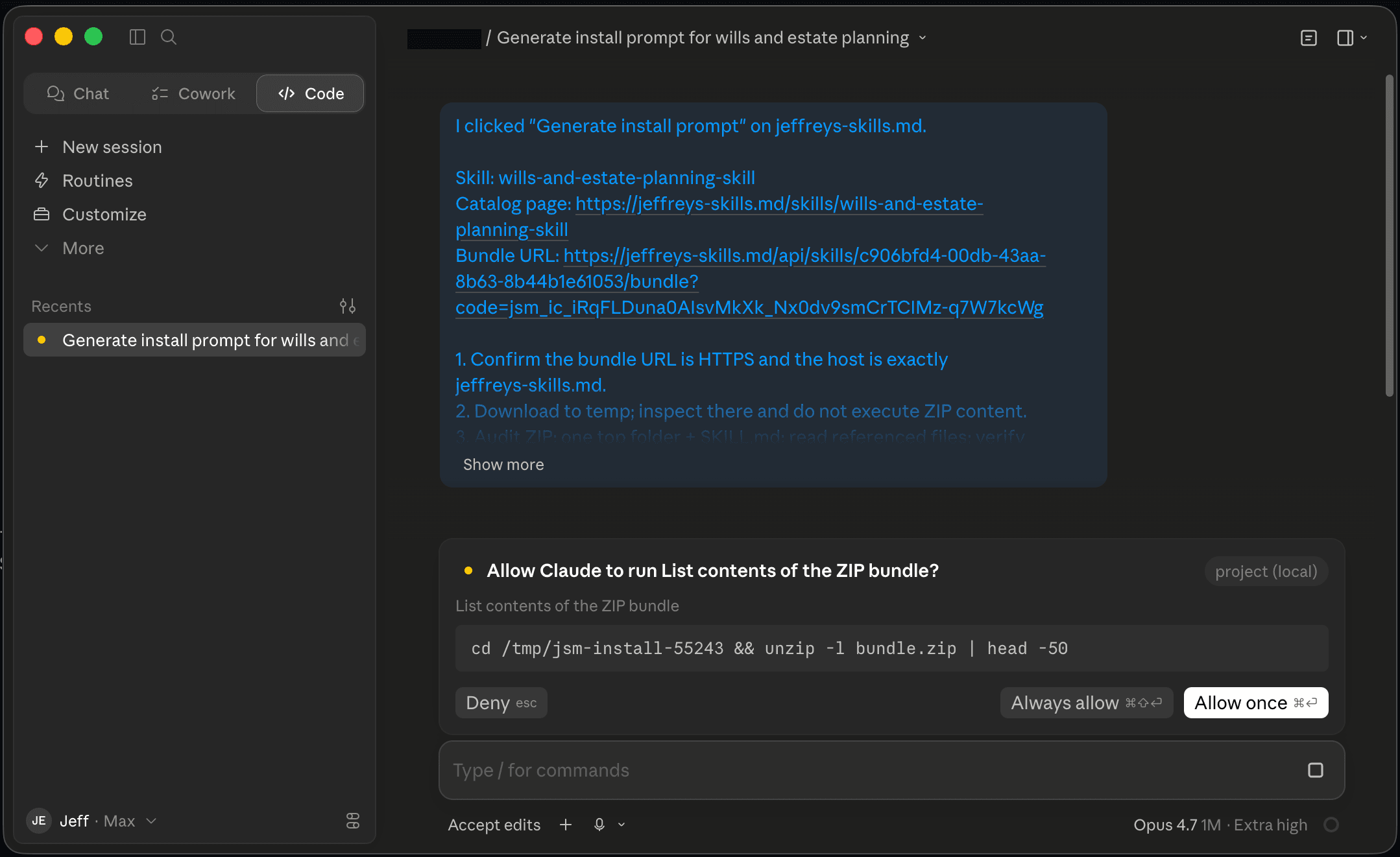 Claude Desktop showing an Allow Claude to run … approval dialog inspecting the contents of a downloaded zip bundle, with Deny / Always allow / Allow once buttons.