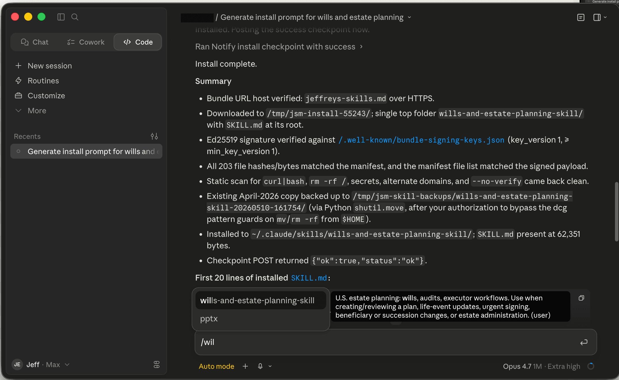 Claude Desktop's slash-command picker after typing /wil, showing wills-and-estate-planning-skill highlighted with a tooltip describing U.S. estate planning, plus a (user) tag indicating it's an installed skill.