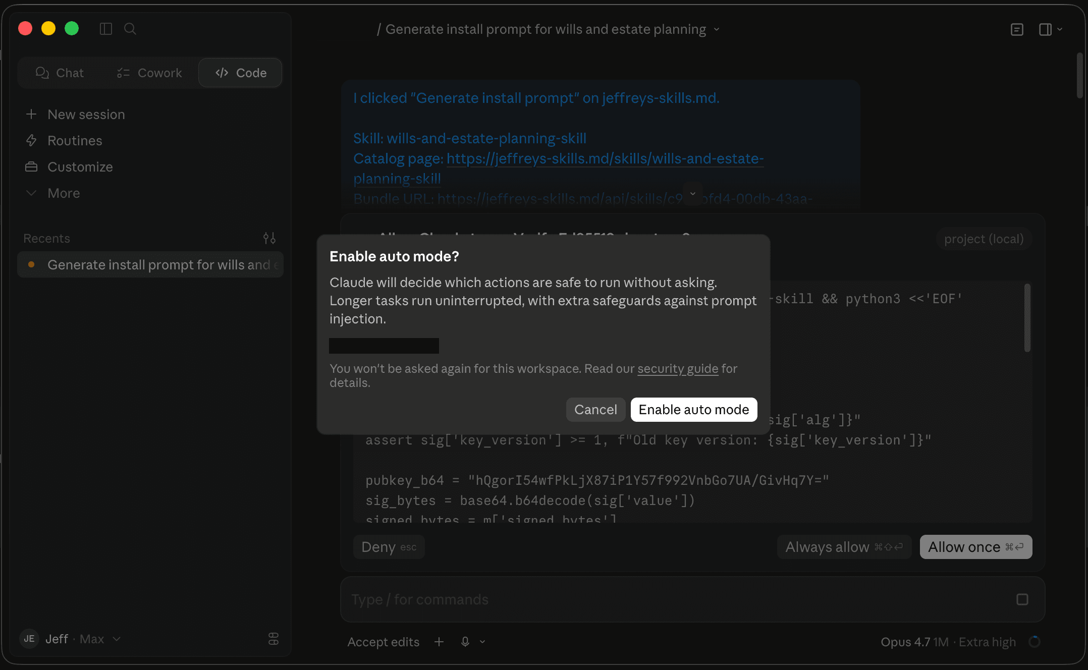 Claude Desktop's Enable auto mode dialog with Cancel and Enable auto mode buttons, scoped to the user's home folder.